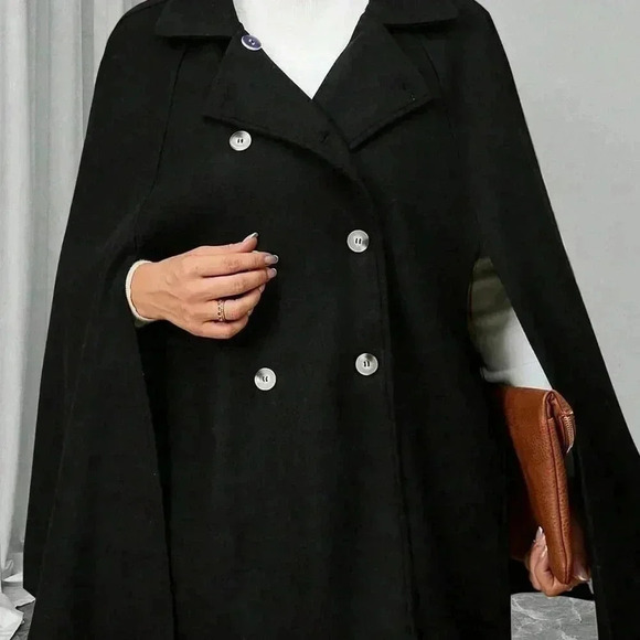 Black Elegant Women's Plus Size Button Poncho Sleeve Wool Coat - Picture 1 of 6